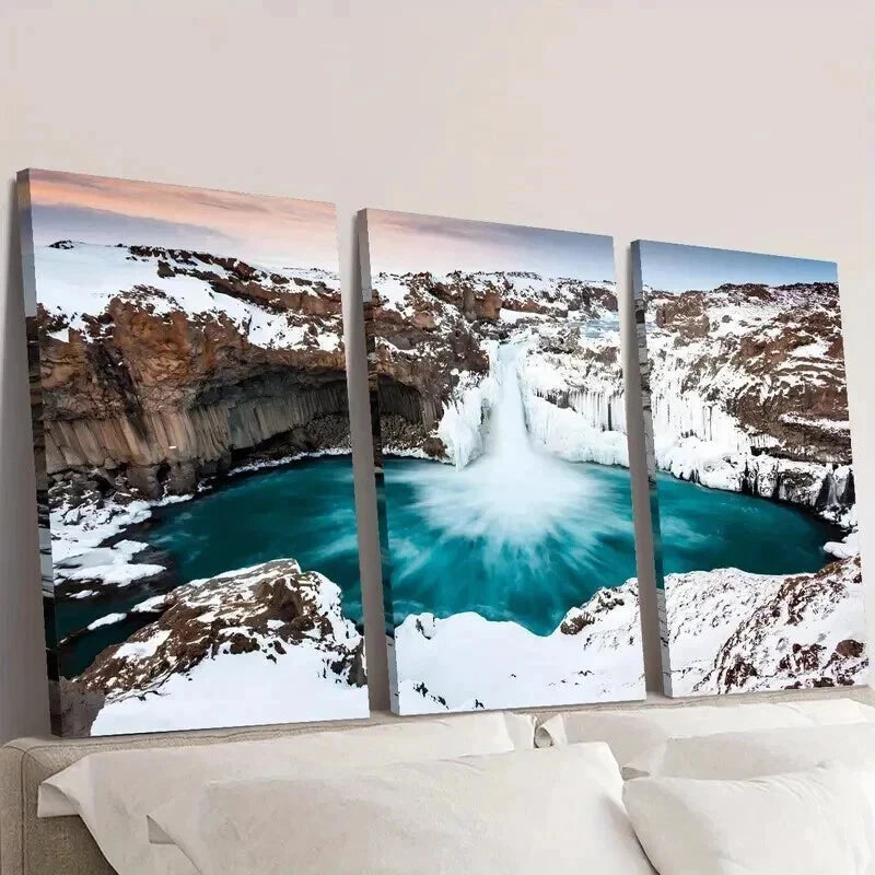 3pcs Iceland Waterfall Winter Snow Scene Wall Art Set Canvas Framed 40x60cm - High Quality Print 100% Australian Made Wall Canvas Ready to Hang