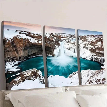 3pcs Iceland Waterfall Winter Snow Scene Wall Art Set Canvas Framed 40x60cm - High Quality Print 100% Australian Made Wall Canvas Ready to Hang