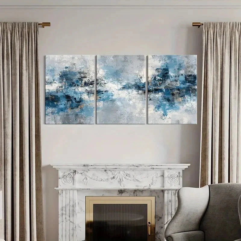 3pcs Modern Abstract Blue & White Textured Metal Print Ready to Hang Art
