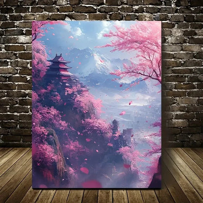 Cherry Blossom Japanese Landscap Blooming Painting 40x60cm Metal Print Ready to Hang