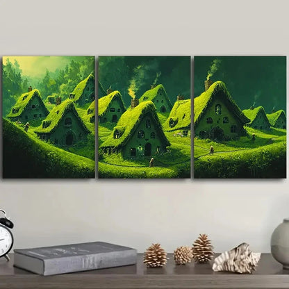 3pcs Green Village Houses Art Painting Wall Art Set Canvas Framed 40x60cm - High Quality Print 100% Australian Made Wall Canvas Ready to Hang