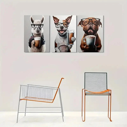 3pcs Adorable Animal Dog with Glasses and Bulldog Metal Print Ready to Hang Art