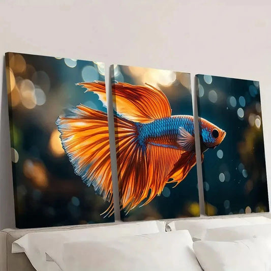 3pcs Vibrant Betta Fish Splatter Wall Art Set Canvas Framed 60x90cm - High Quality Print 100% Australian Made Wall Canvas Ready to Hang