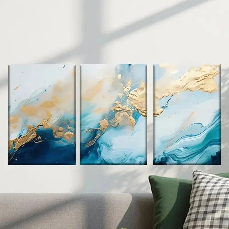 3pcs Abstract Golden and Blue Painting Wall Art Set Canvas Framed 40x60cm - High Quality Print 100% Australian Made Wall Canvas Ready to Hang