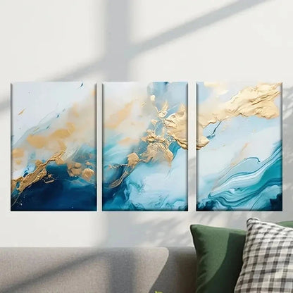 3pcs Abstract Golden and Blue Painting Wall Art Set Canvas Framed 40x60cm - High Quality Print 100% Australian Made Wall Canvas Ready to Hang