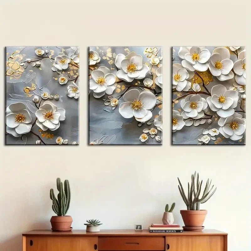 3pcs White Petals Modern Leaves Metal Print Ready to Hang Art