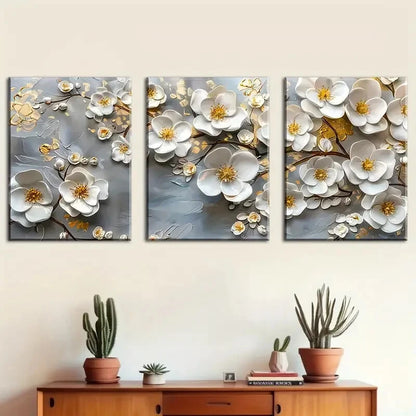 3pcs White Petals Modern Leaves Metal Print Ready to Hang Art