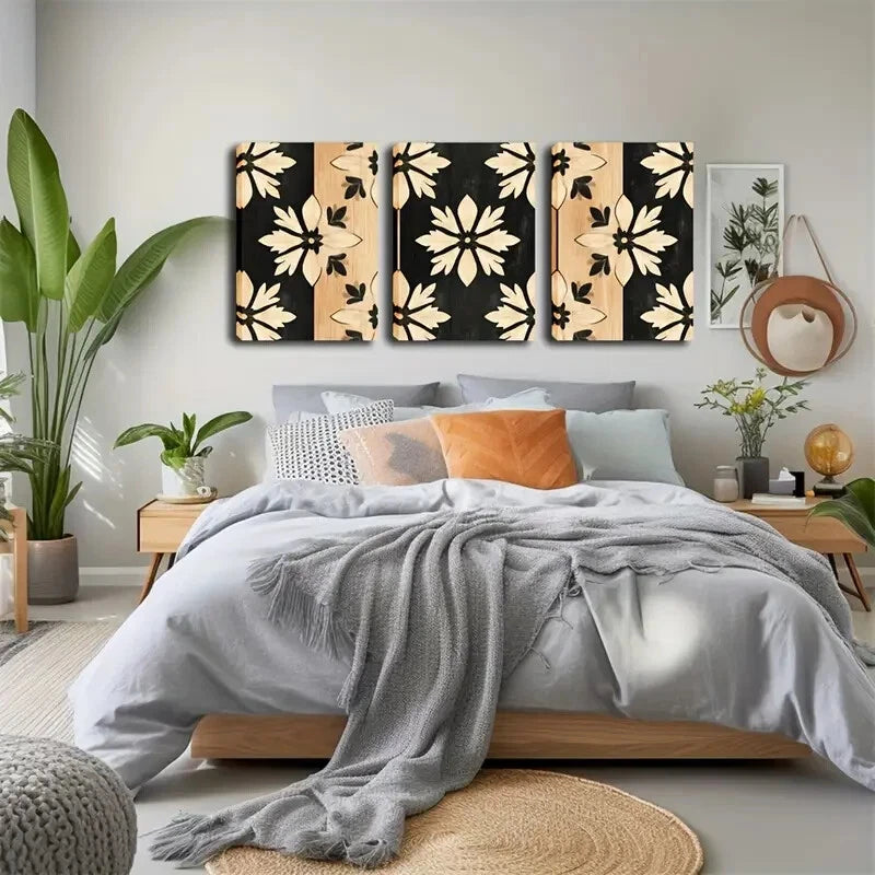 3pcs Black & Golden Floral Design Décor Perfect Wall Art Set Canvas Framed 40x60cm - High Quality Print 100% Australian Made Wall Canvas Ready to Hang