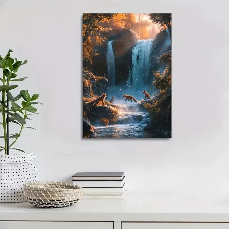 Beautiful Vibrant Fox Chase Morning Mist Painting 40x60cm Metal Print Ready to Hang