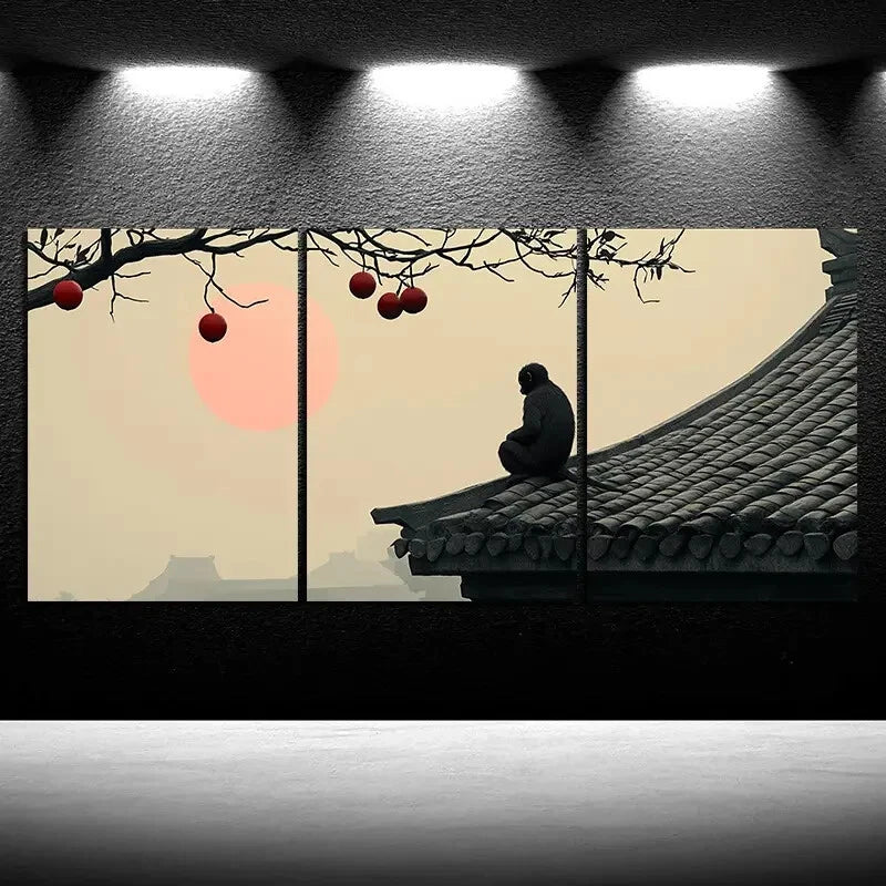 3pcs The Persimmon Tree On The Eaves Monkey Metal Print Ready to Hang Art