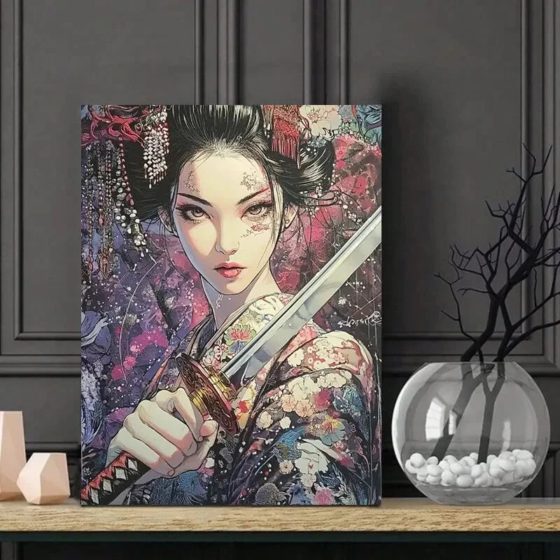 Beautiful Geisha Woman with Sword Face And Eyes 40x60cm Metal Print Ready to Hang