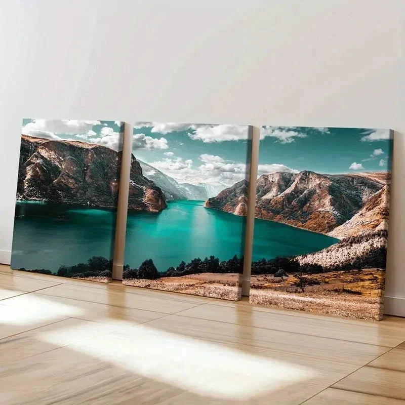3pcs Landscape with Mountains Lakes and Valleys Wall Art Set Canvas Framed 40x60cm - High Quality Print 100% Australian Made Wall Canvas Ready to Hang
