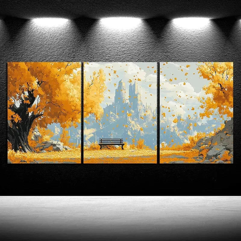 3pcs A Bench Under Autumn Leaves Metal Print Ready to Hang Art