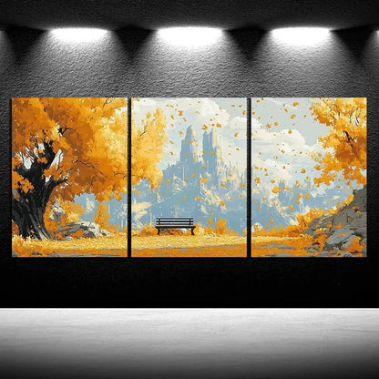 3pcs A Bench Under Autumn Leaves Metal Print Ready to Hang Art