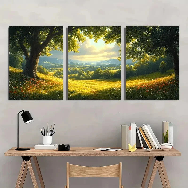 3pcs Pastoral Countryside Landscape with Trees Metal Print Ready to Hang Art