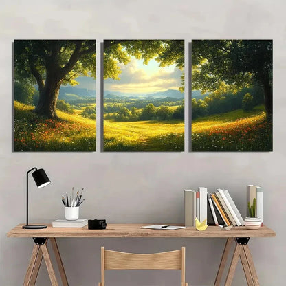 3pcs Pastoral Countryside Landscape with Trees Metal Print Ready to Hang Art