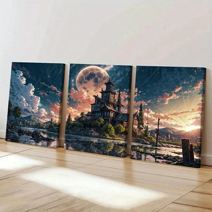 3pcs Japanese Style Temple Vintage  Wall Art Set Canvas Framed 40x60cm - High Quality Print 100% Australian Made Wall Canvas Ready to Hang