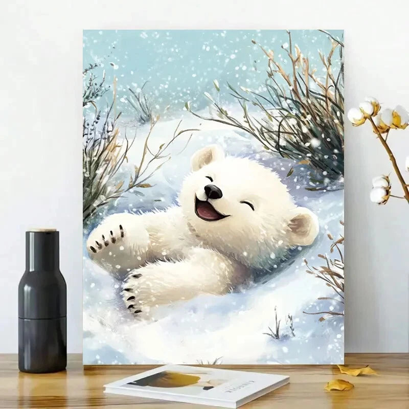 Cute Little Polar Bear Cub Rolling Around in The Snow 40x60cm Metal Print Ready to Hang