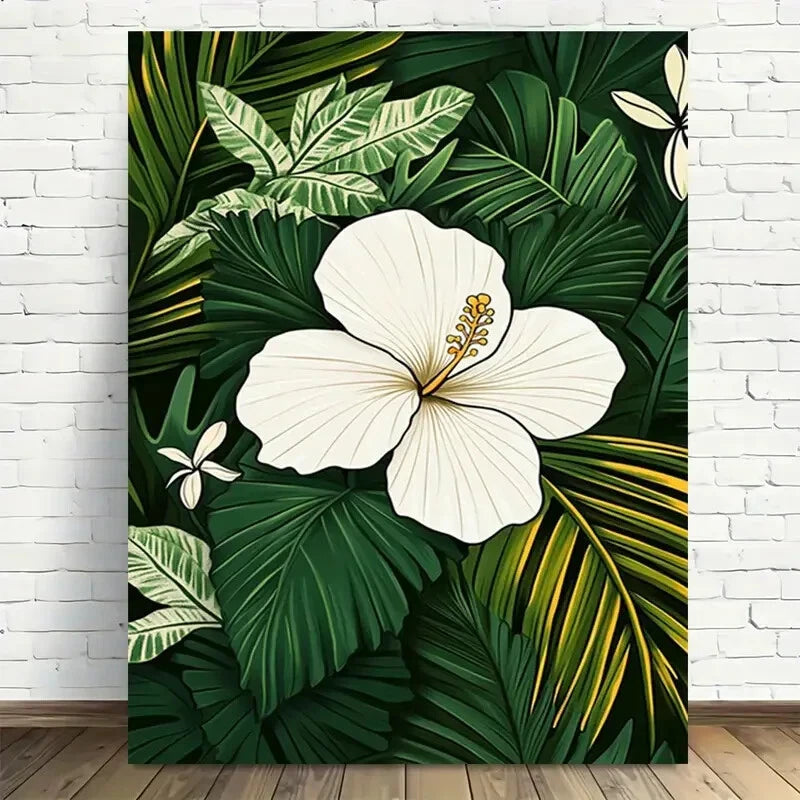 Beautiful Tropical White Hibiscus Green Leaves & Palm 40x60cm Metal Print Ready to Hang