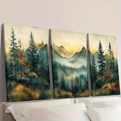 3pcs Vintage Pine Trees Forest Painting Wall Art Set Canvas Framed 40x60cm - High Quality Print 100% Australian Made Wall Canvas Ready to Hang