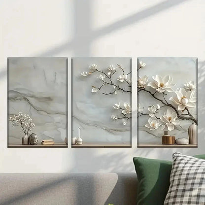 3pcs White Flowers on Marble Background Wall Art Set Canvas Framed 40x60cm - High Quality Print 100% Australian Made Wall Canvas Ready to Hang