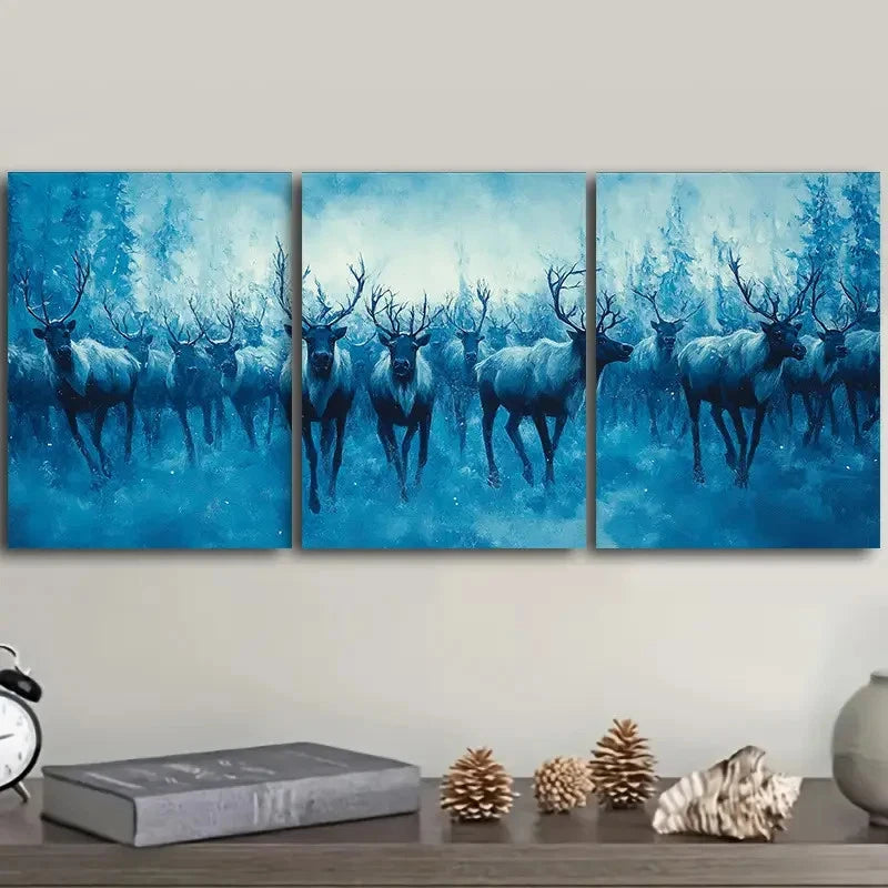 3pcs A herd of reindeer snow art Painting Wall Art Set Canvas Framed 60x90cm - High Quality Print 100% Australian Made Wall Canvas Ready to Hang
