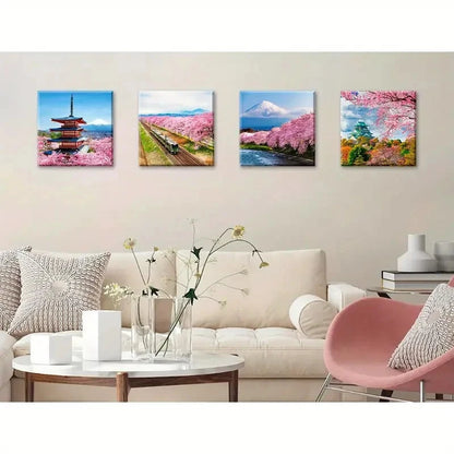 4pcs Japanese Cherry Blossom Wall Art Canvas Framed