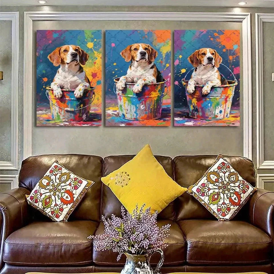 3pcs Vibrant Abstract Beagle Bathtub Metal Print Ready to Hang Art