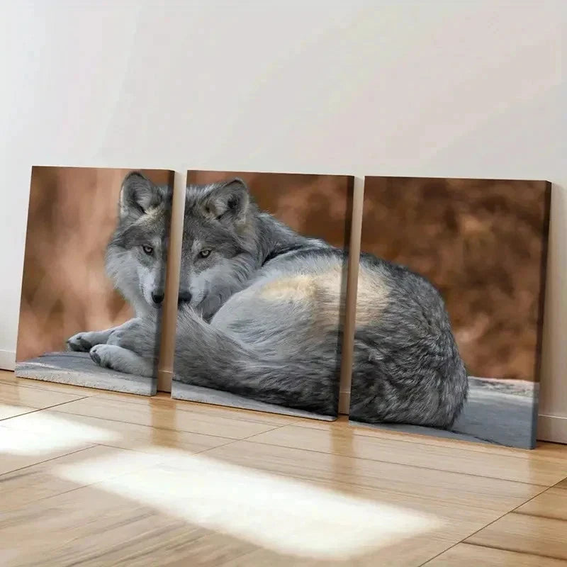 3pcs Wolf Sitting on the Ground Modern Wall Art Set Canvas Framed 40x60cm - High Quality Print 100% Australian Made Wall Canvas Ready to Hang