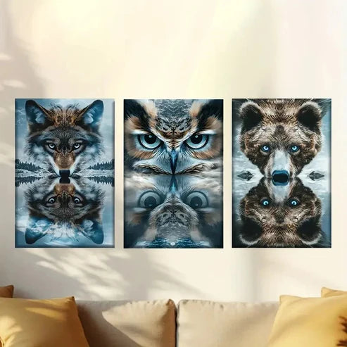 3pcs Wolves, owls, reflections of bears Wall Art Canvas Unframed - High Quality Print 100% Australian Made Wall Canvas