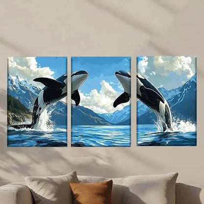 3pcs Two Killer Whales Jumping Out Wall Art Set Canvas Framed 40x60cm - High Quality Print 100% Australian Made Wall Canvas Ready to Hang