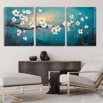 3pcs Elegant Magnolia Blossom Blue & White Tones Metal Print Ready to Hang Art