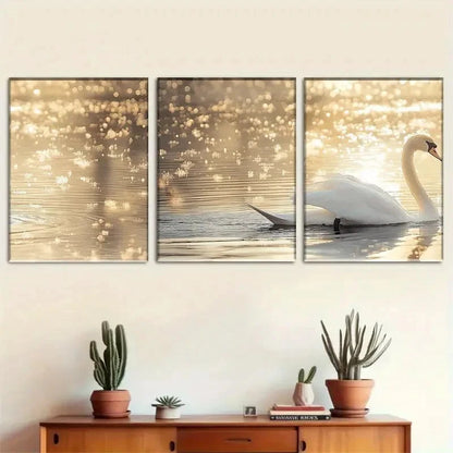 3pcs Serene Golden Swan by the Water Metal Print Ready to Hang Art