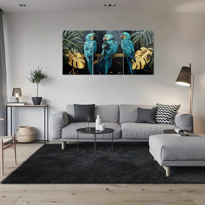 3pcs Modern Blue Parrot & Golden Leaves Metal Print Ready to Hang Art
