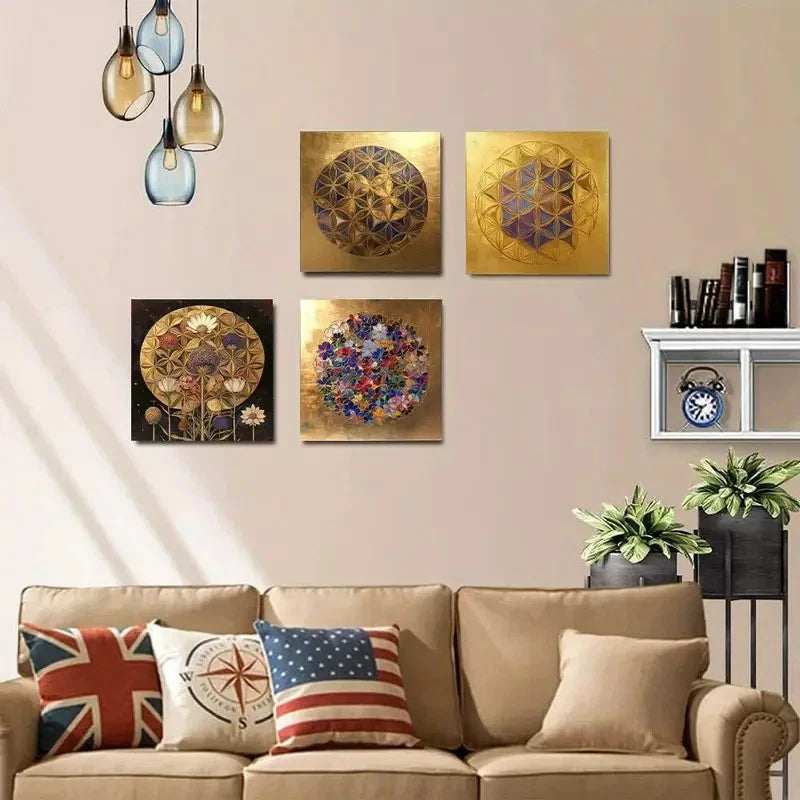 4pcs Flower Of Life Pastel Purples And Golden Wall Art Canvas Framed