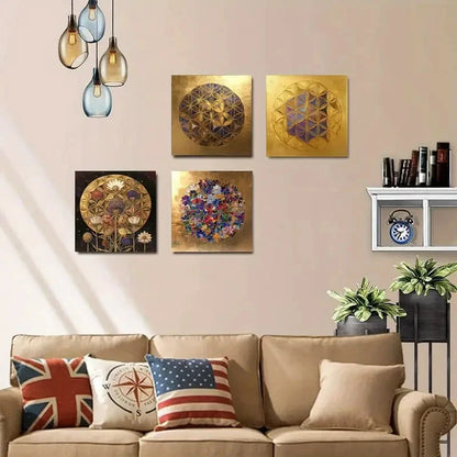 4pcs Flower Of Life Pastel Purples And Golden Wall Art Canvas Framed
