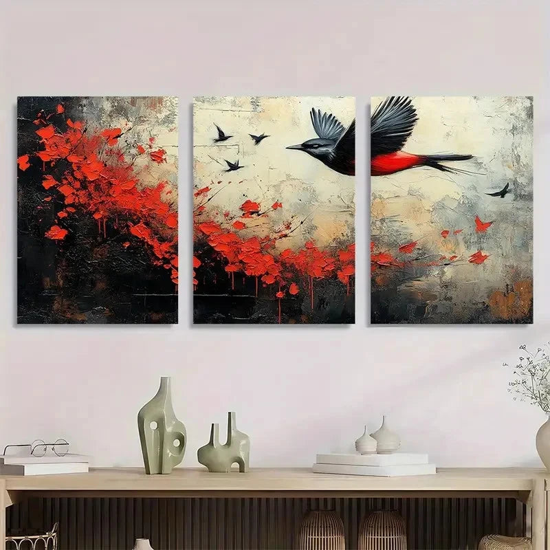 3pcs Black White And Red Birds Abstract Perfect Wall Art Set Canvas Framed 40x60cm - High Quality Print 100% Australian Made Wall Canvas Ready to Hang