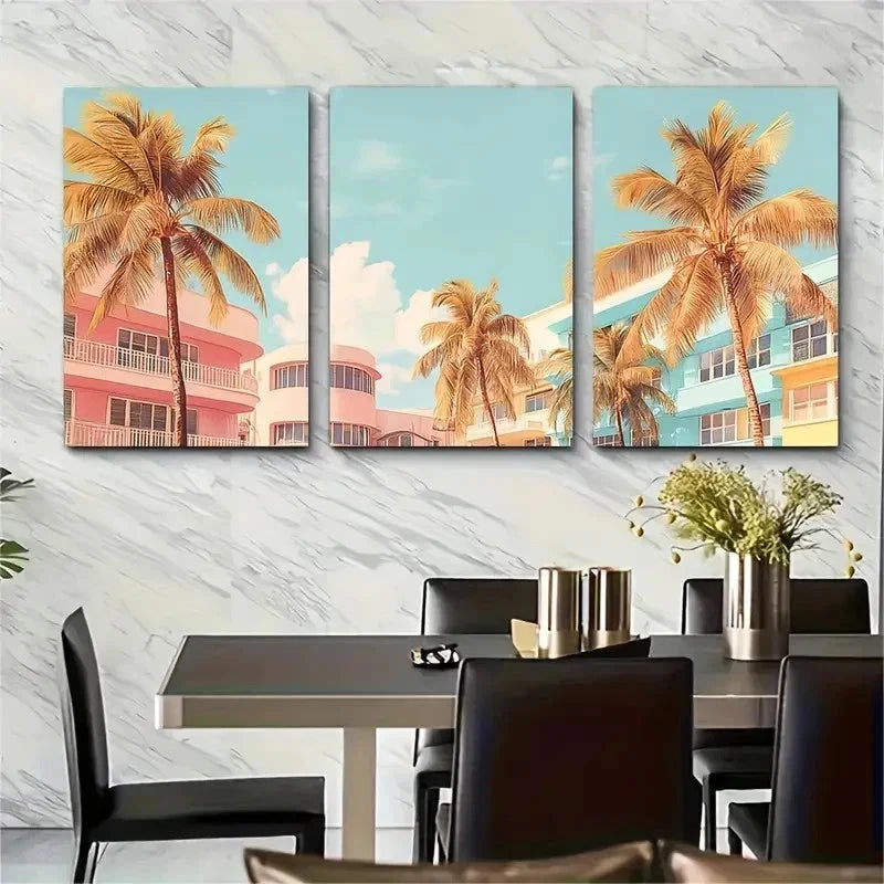 3pcs Pastel Deco And Palm Trees Mount Perfect Wall Art Set Canvas Framed 40x60cm - High Quality Print 100% Australian Made Wall Canvas Ready to Hang