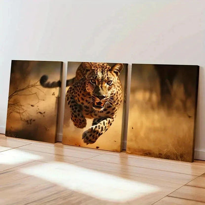 3pcs Cheetah Running in the Grass Wall Art Set Canvas Framed 40x60cm - High Quality Print 100% Australian Made Wall Canvas Ready to Hang