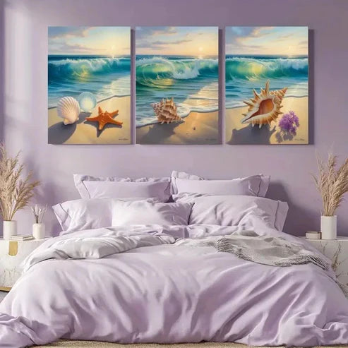 3pcs Seashells, Starfish, Ocean Waves Wall Art Canvas Unframed - High Quality Print 100% Australian Made Wall Canvas