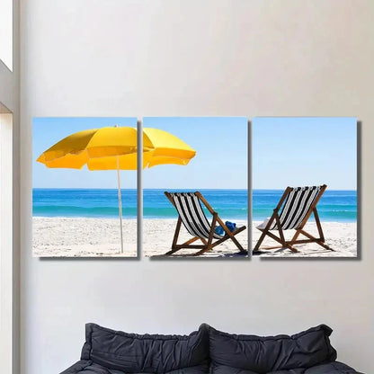 3pcs Vibrant Yellow Umbrella & Lounge Chairs Metal Print Ready to Hang Art