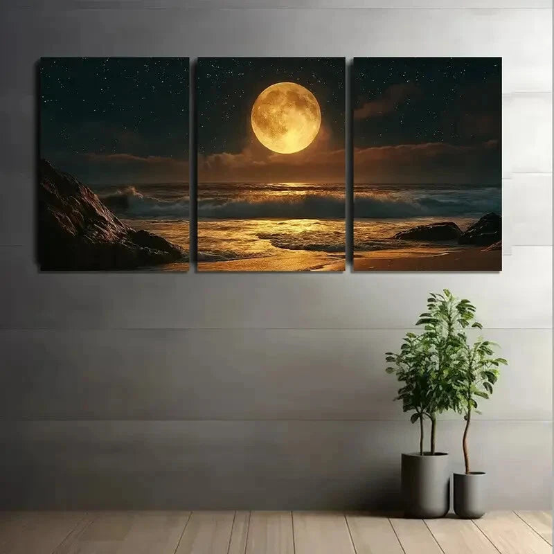 3pcs Bright Yellow Moon Shining Sky Metal Print Ready to Hang Art