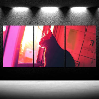 3pcs The Cat Gazing at The Sun Pink Themed Metal Print Ready to Hang Art