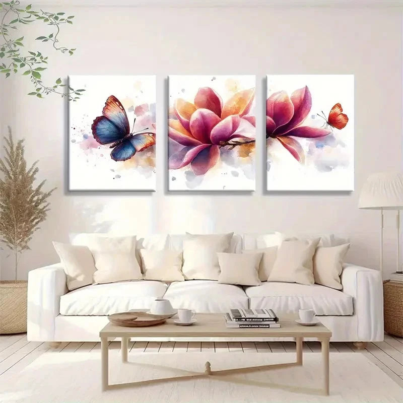 3pcs Butterfly and Floral Red Blue and Yellow Metal Print Ready to Hang Art