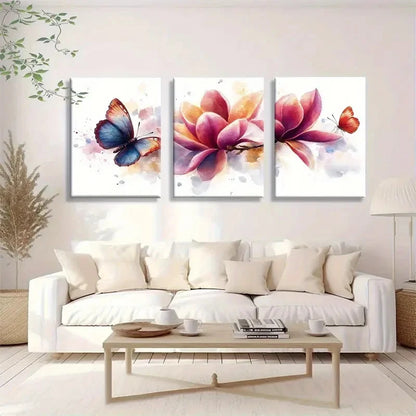 3pcs Butterfly and Floral Red Blue and Yellow Metal Print Ready to Hang Art