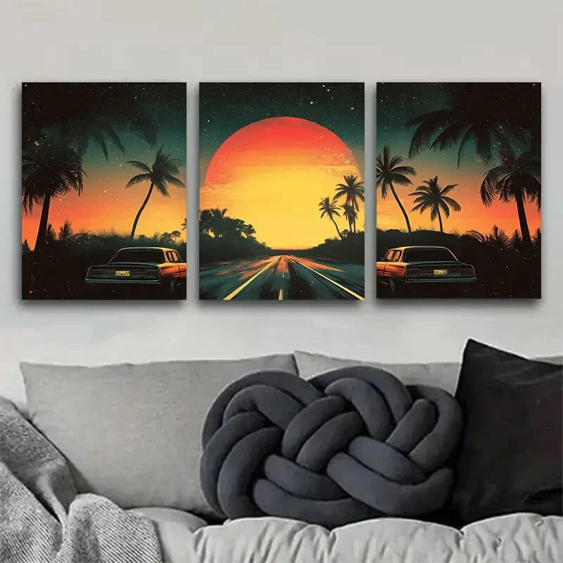 3pcs Retro Sunset Road with Palm Trees Perfect Wall Art Set Canvas Framed 40x60cm - High Quality Print 100% Australian Made Wall Canvas Ready to Hang