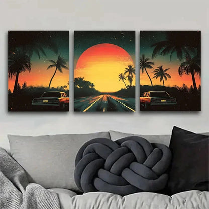3pcs Retro Sunset Road with Palm Trees Perfect Wall Art Set Canvas Framed 40x60cm - High Quality Print 100% Australian Made Wall Canvas Ready to Hang