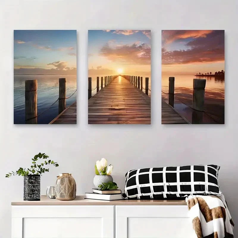 3pcs Ocean Pier Prints with Warm Sunset Metal Print Ready to Hang Art