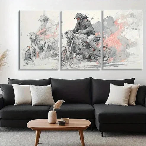3pcs Biker in Action with Creative Smoke Perfect  Wall Art Set Canvas Unframed - High Quality Print 100% Australian Made Wall Canvas