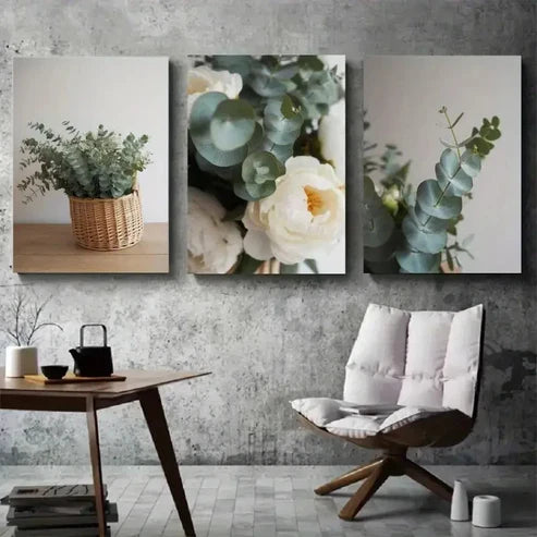 3pcs Eucalyptus Leaves, White Peonies Wall Art Canvas Unframed - High Quality Print 100% Australian Made Wall Canvas